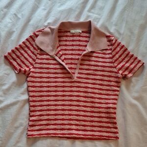 Zara Pink & Red Striped Short-Sleeve Polo Knit Top